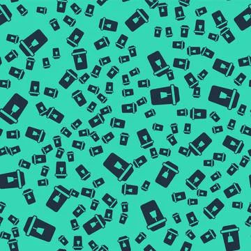 Black Cup of tea icon isolated seamless pattern on green background. Vector Stock Illustration
