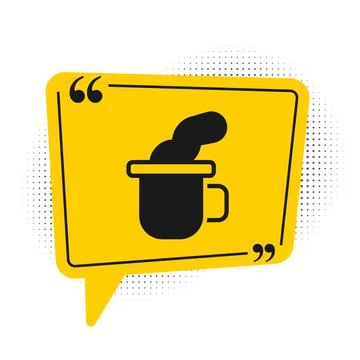 Black Cup of tea icon isolated on white background. Yellow speech bubble symbol Stock Illustration