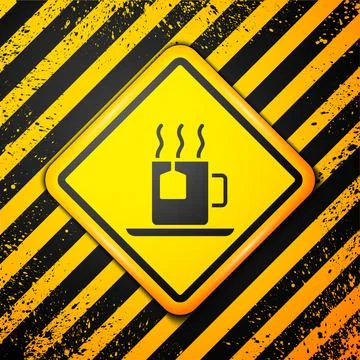 Black Cup of tea with tea bag icon isolated on yellow background. Warning sign Stock Illustration