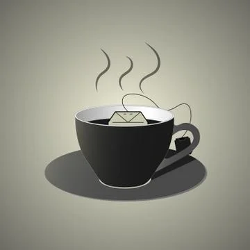 Black cup of tea wit teabag, flat style Stock Illustration