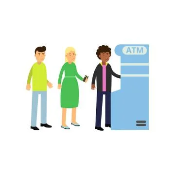 Black curly-haired guy withdrawing money from ATM. Young woman and man standing Stock Illustration