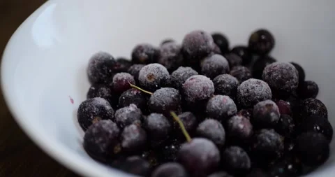 Black Currant Berries on White Ceramic Plate with Frost Layer on Wooden Table, Stock Footage 322603474