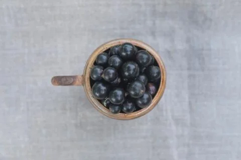 Black currant in small cup on table Stock Photos