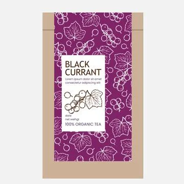 BLACK CURRANT TEA Packaging With Berries Purple Background Stock Illustration