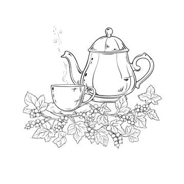Black Currant Tea in Teapot Outline Illustration. Stock Illustration