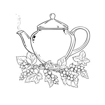 Black Currant Tea in Teapot Outline Illustration. Stock Illustration