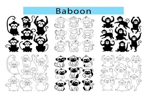 Black cute Baboon outline vector illustration, Baboon silhouette in white Stock Illustration