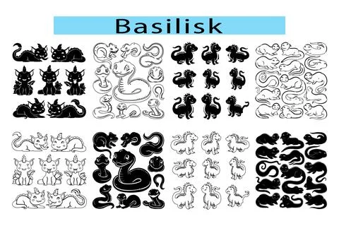 Black cute Basilisk outline vector illustration, Basilisk silhouette Illustration