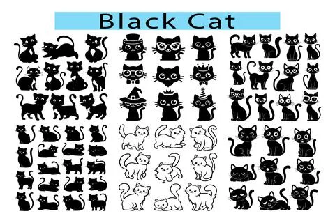 Black cute Cat vector illustration, Cat outline, Cat silhouette in white Illustration