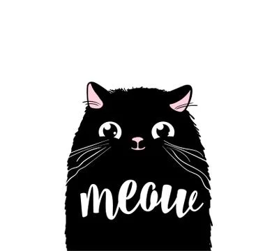 Black cute cat vector print design. Meow lettering text. Kitten face vector Stock Illustration