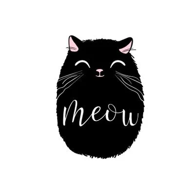 Black cute cat vector print design. Meow lettering text. Kitten face vector Stock Illustration
