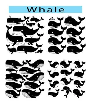 Black cute whale vector art illustration, Whale silhouette white background Stock Illustration