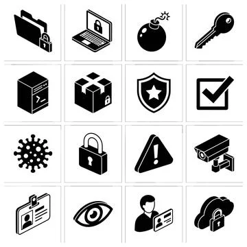 Black cybersecurity icon set featuring lock, shield, key, virus, and cloud .. Stock Illustration