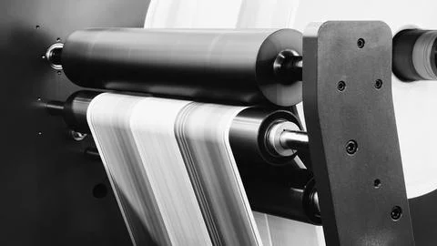 Black cylindrical rollers move paper through printing press. White paper feed Stock Photos
