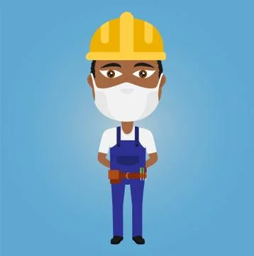 Black Dark Afro African builder with hygiene mash yellow helmet blue overalls Stock Illustration