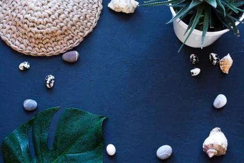 Black, dark blue surface where there are seashells, pebbles, wicker basket, s Stock Photos