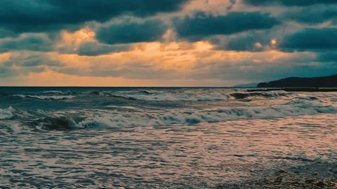 Black Dark Gray Storm Clouds Dramatic Orange Yellow Sky Over Ocean Slow Motion,  Stock Footage 307176680