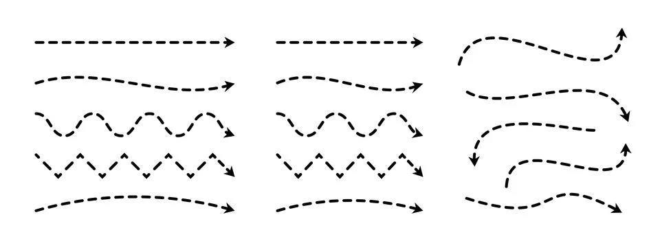 Black dashed arrows set. Wavy zigzag arrow collection. Doodle sketched dotted Stock Illustration