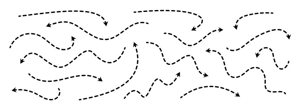 Black dashed arrows set. Wavy and curved dotted arrow collection. Doodle Stock Illustration