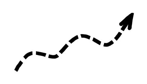 Black dashed curved arrow hand-drawn on transparent background. Wavy sketch Illustrazione stock