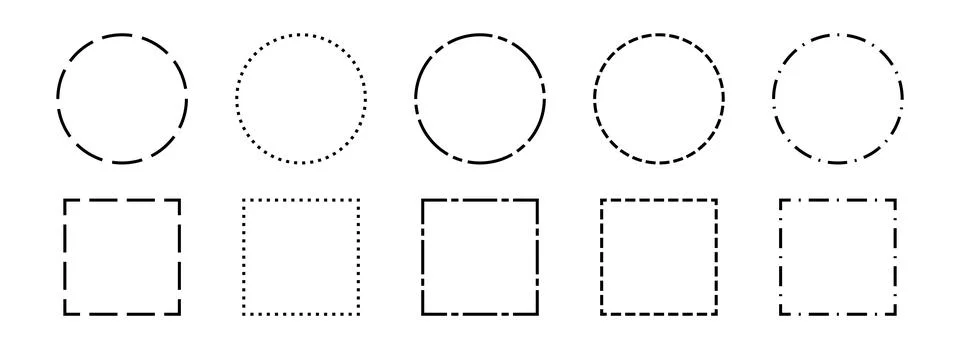 Black dashed frame collection. Dashed outline circle and square border set Stock Illustration