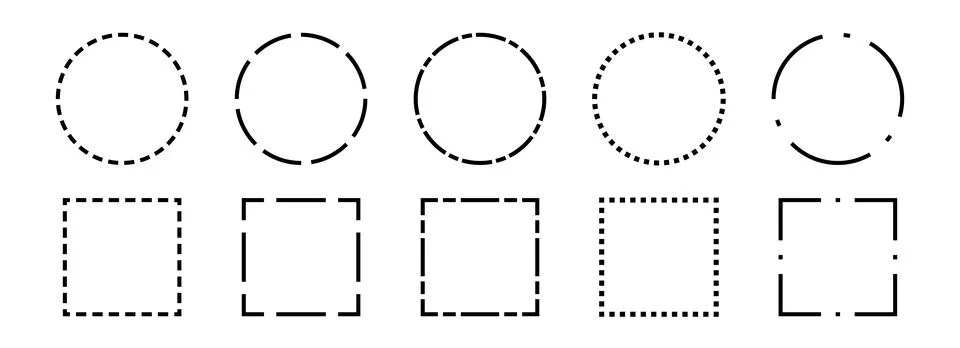 Black dashed frame collection. Dashed outline circle and square border set Stock Illustration