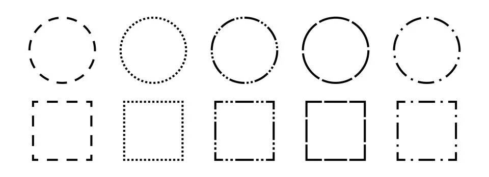 Black dashed frames collection. Dashed outline circle and square borders set Stock Illustration