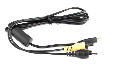 Black data cable with ferrite filter and various types of connectors. Stock Photos