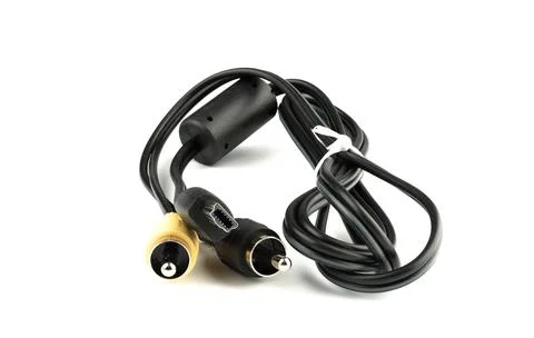 Black data cable with ferrite filter and various types of connectors. Stock Photos
