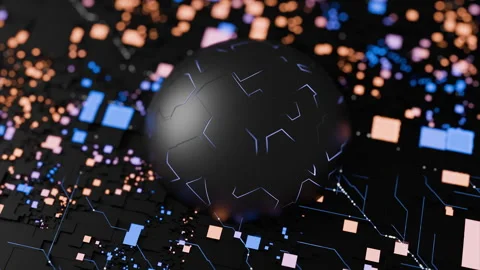 Black data sphere in digital landscape with colorful data blocks and lines Stock Footage 323326374
