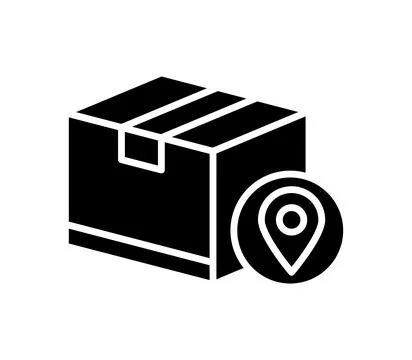 Black Delivery Box Icon with Location Pin for E-commerce and Logistics Illustration