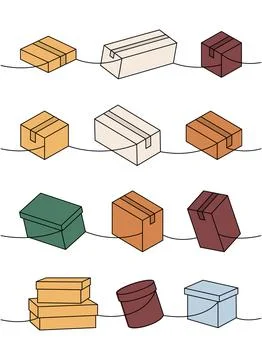 Black delivery boxes set. Present gift boxes one line colored continuous drawing Stock Illustration
