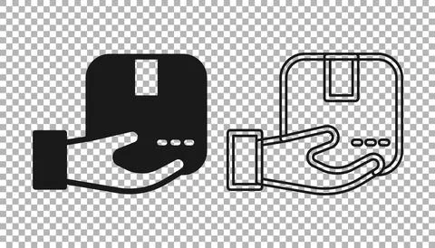 Black Delivery hand with cardboard boxes icon isolated on transparent backgro Stock Illustration