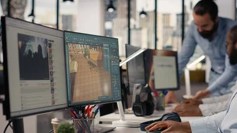 Black designer using architectural software and virtual assets for floor plan 스톡 사진