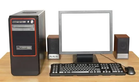 Black desktop computer on wooden table Foto stock