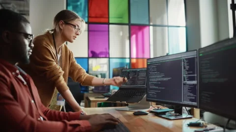 Black Developer Talks With Female Colleague in Office Stock Footage 223190481