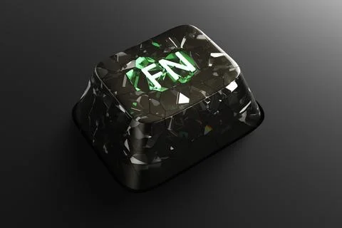 Black diamond keyboard button with neon word FN on black background. 3d rende Stock Illustration