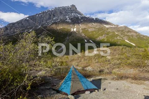 Black Diamond Megamid tent set up in the backcountry of Wrangell-St. Elias Natio Stock Photos