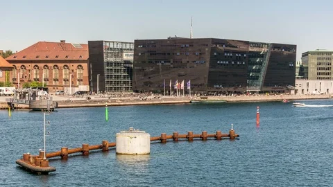 The Black Diamond, a modern Library building at the waterfront of Copenhagen Stock Footage 99158183