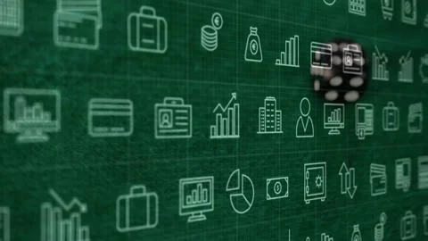 Black dice appearing and rolling across green finance grid, colliding and Stock Footage 328656652