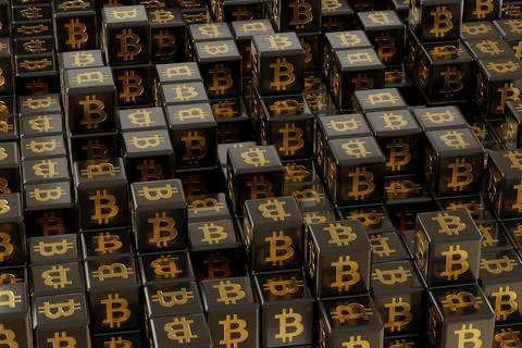 Black dice with the Bitcoin background. 3D illustration. Ilustração Stock