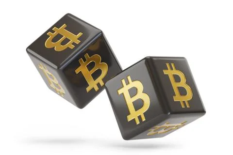 Black dice with bitcoin sign isolated on white background. 3d illustration. Stock Illustration
