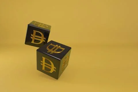 Black dice with dirham sign on yellow background. 3d illustration. Stock Illustration