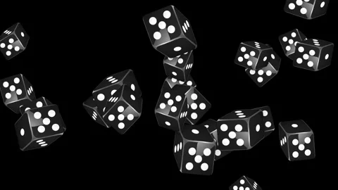 Black Dice Exploding and Falling Against a Solid Black Background Stockbeeldmateriaal 344377232