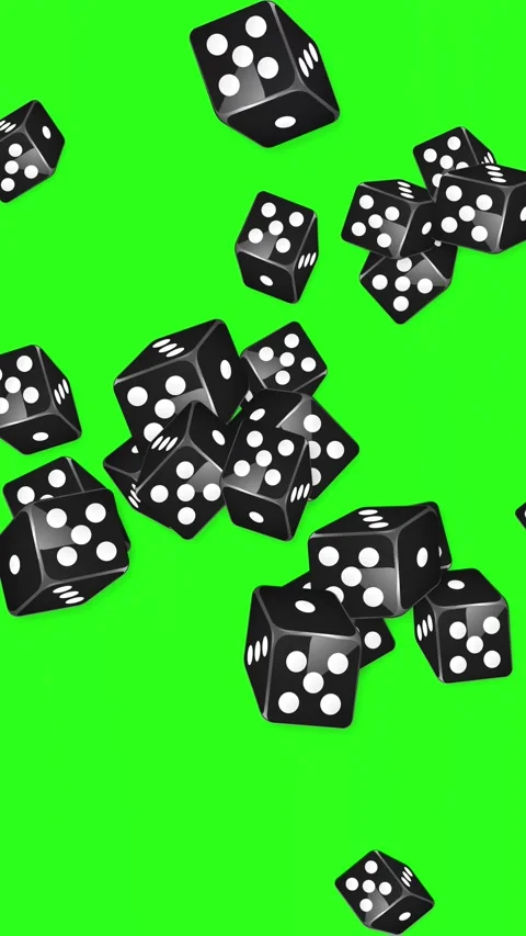 Black Dice Falling and Bouncing on Green Screen Background Stock Footage 344836348