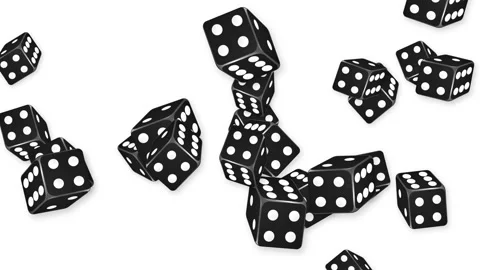 Black Dice Falling and Bouncing Against a Plain White Background Stock Footage 345120749