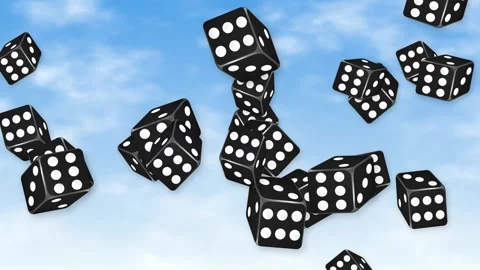 Black Dice Falling and Tumbling Through a Bright Blue Sky Stock Footage 344622802