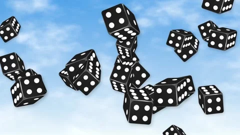 Black Dice Falling and Tumbling Through a Blue Cloudy Sky Stock Footage 344833107