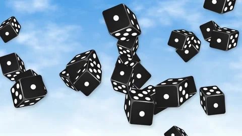 Black Dice Falling and Tumbling Through a Bright Blue Sky Stock Footage 345037972