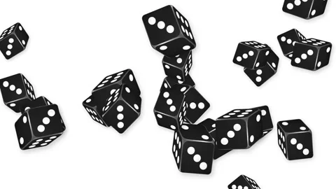 Black Dice Falling and Tumbling Against a Plain White Background Stock Footage 345294053